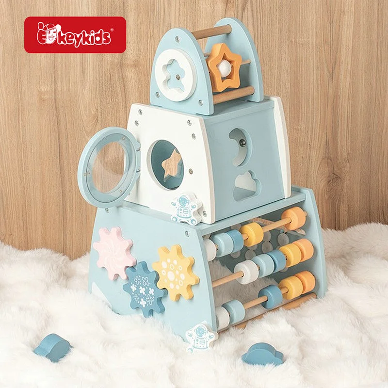 Wooden Space-Themed Busy Tower Toy - Multi-Activity Sensory Play Center with Beads, Gears & Shape Sorters for Toddlers W12D764